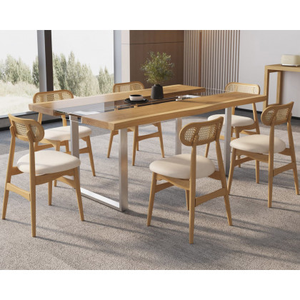HMR Dining Set 70.9" Rectangle Dining Table - Natural, With 6 Chairs, Style C