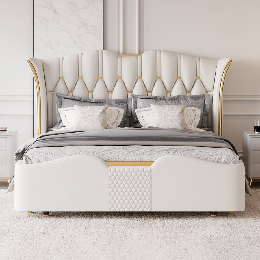 HMR Luxury Upholstered Bed Frame with Tufted Wingback Headboard - Off-White, Queen Size
