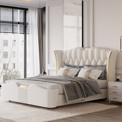 HMR Luxury Upholstered Bed Frame with Tufted Wingback Headboard - Off-White, Queen Size