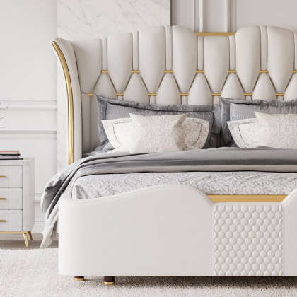 HMR Luxury Upholstered Bed Frame with Tufted Wingback Headboard - Off-White, Queen Size