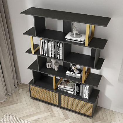 HMR 5-Tier Wood Bookshelf with 2 Doors Modern Bookcase in Gold Finish - Black