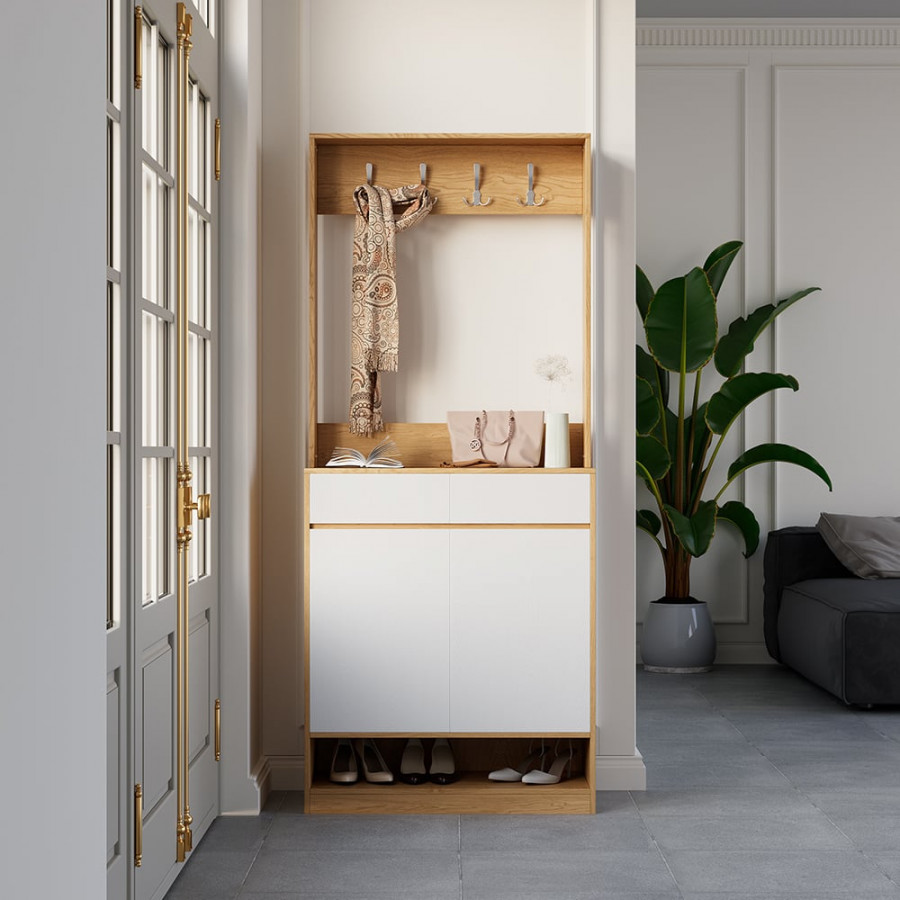 HMR - Natural & White Shoe Cabinet with 5 Shelves 2 Drawers 2 Doors Entryway Shoe Storage