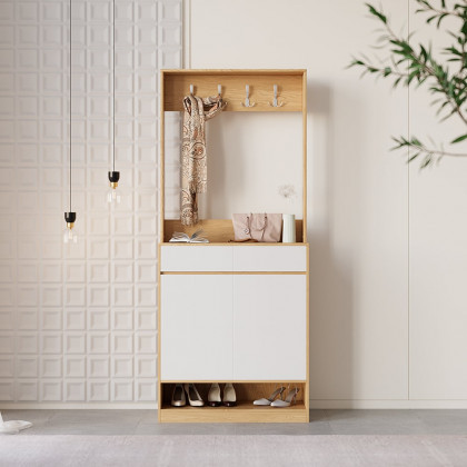 HMR - Natural & White Shoe Cabinet with 5 Shelves 2 Drawers 2 Doors Entryway Shoe Storage