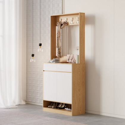 HMR - Natural & White Shoe Cabinet with 5 Shelves 2 Drawers 2 Doors Entryway Shoe Storage