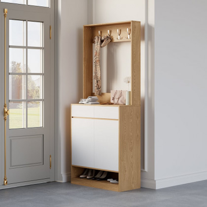 HMR - Natural & White Shoe Cabinet with 5 Shelves 2 Drawers 2 Doors Entryway Shoe Storage