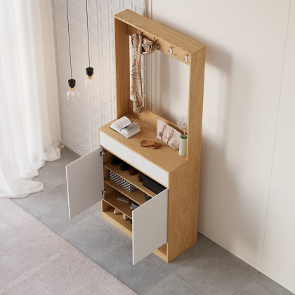 HMR - Natural & White Shoe Cabinet with 5 Shelves 2 Drawers 2 Doors Entryway Shoe Storage