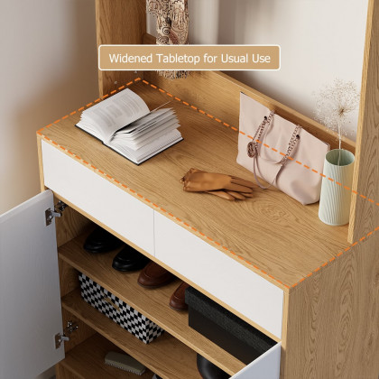 HMR - Natural & White Shoe Cabinet with 5 Shelves 2 Drawers 2 Doors Entryway Shoe Storage