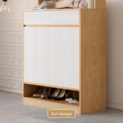 HMR - Natural & White Shoe Cabinet with 5 Shelves 2 Drawers 2 Doors Entryway Shoe Storage