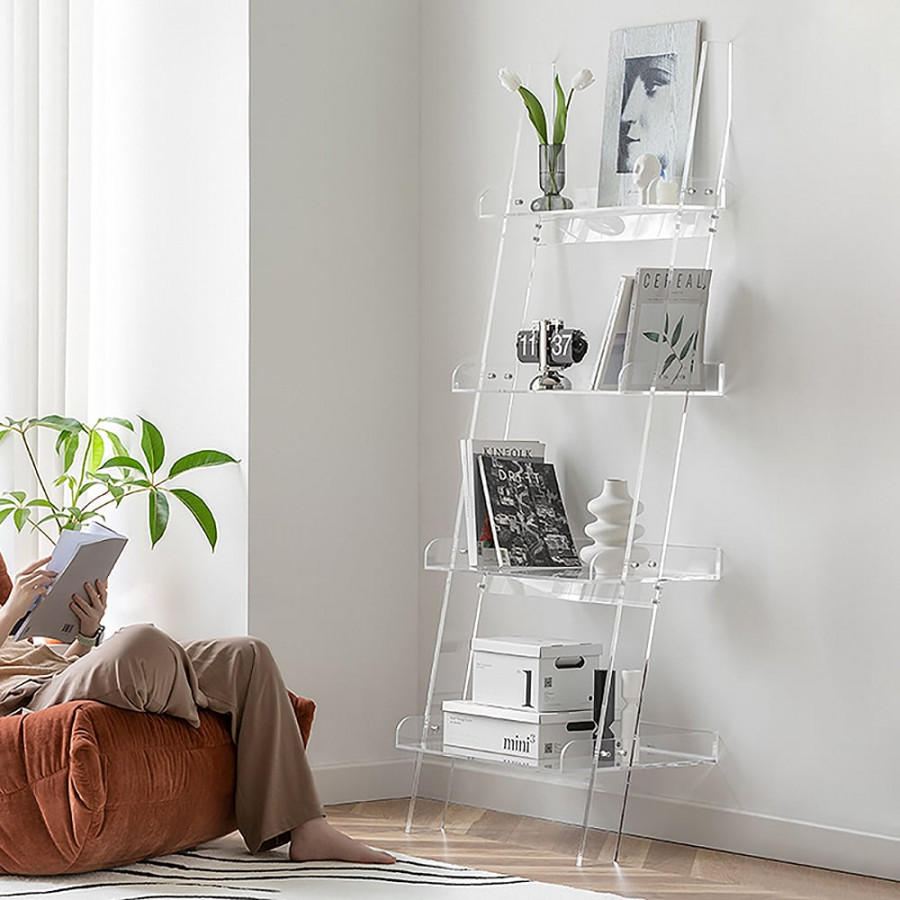 HMR - 4-Shelf Ladder Bookshelf Modern Bookshelf Acrylic Clear Ladder Bookcase