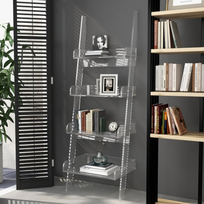 HMR - 4-Shelf Ladder Bookshelf Modern Bookshelf Acrylic Clear Ladder Bookcase