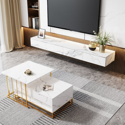 HMR - Floating TV Stand Marble Veneer Wall-Mount Media Console with Storage for TVs up to 85"