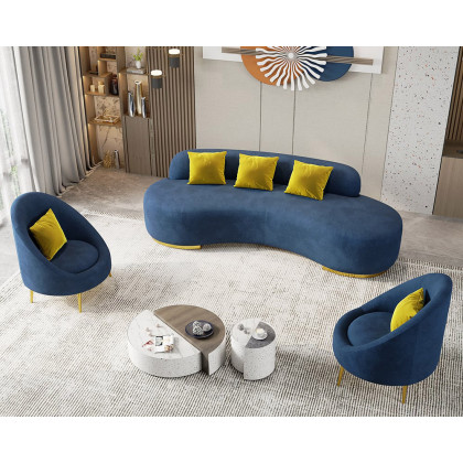 HMR - Velvet Upholstered Curved Sofa Living Room Set of 3 with Pillows Chairs & 3-Seater