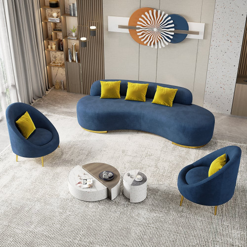 HMR Velvet Upholstered Curved Sofa Living Room Set of 3 with Pillows Chairs & 3-Seater - Blue