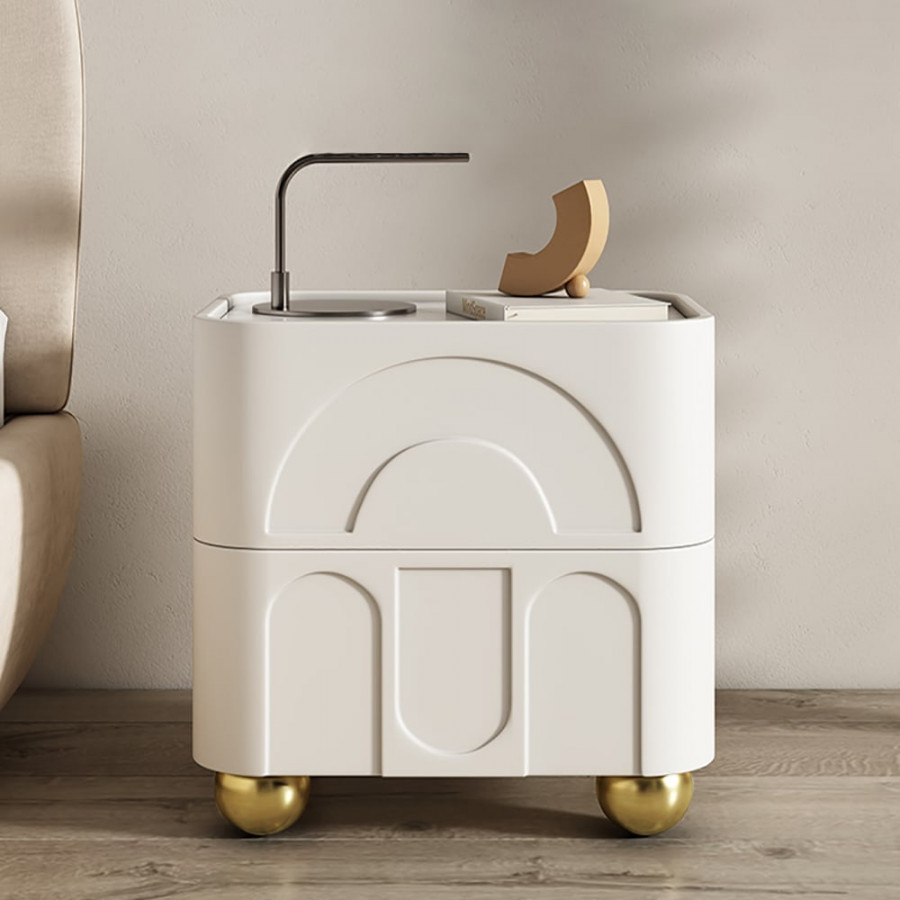 HMR - Modern White Smart Nightstand with Wireless Charger & Sintered Stone Top Bedside Table