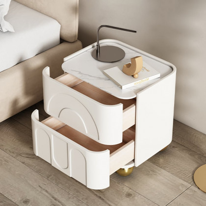 HMR - Modern White Smart Nightstand with Wireless Charger & Sintered Stone Top Bedside Table