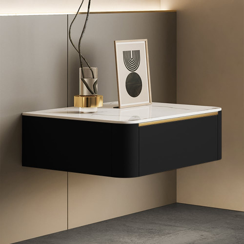 HMR Modern Floating Nightstand 1 Drawer Bedside Table with Sintered Stone Top - Black, Set Of 2