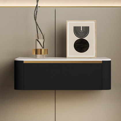 HMR Modern Floating Nightstand 1 Drawer Bedside Table with Sintered Stone Top - Black, Set Of 2