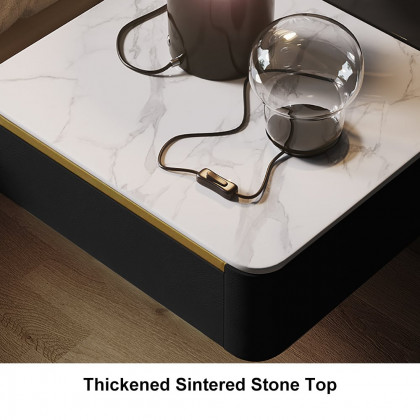 HMR Modern Floating Nightstand 1 Drawer Bedside Table with Sintered Stone Top - Black, Set Of 2