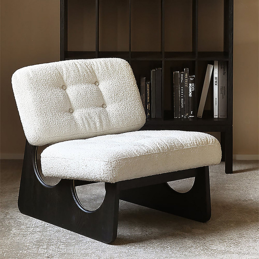 HMR - Japandi Boucle Lounge Chair White & Black Accent Chair Ash Wood Upholstery