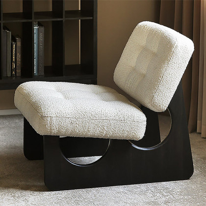 HMR - Japandi Boucle Lounge Chair White & Black Accent Chair Ash Wood Upholstery