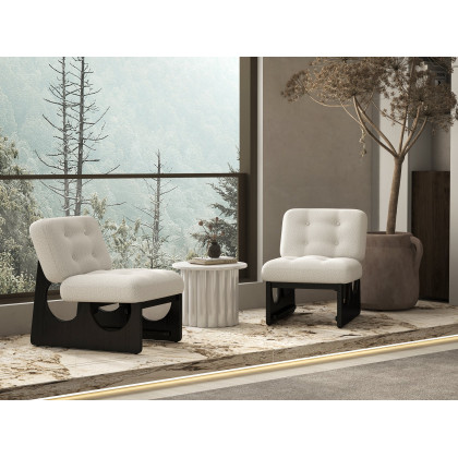 HMR - Japandi Boucle Lounge Chair White & Black Accent Chair Ash Wood Upholstery