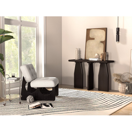 HMR - Japandi Boucle Lounge Chair White & Black Accent Chair Ash Wood Upholstery