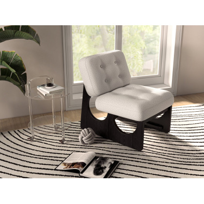 HMR - Japandi Boucle Lounge Chair White & Black Accent Chair Ash Wood Upholstery
