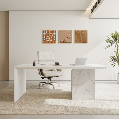 HMR Modern Wooden Desk Home Office Desk & Home Office Chair Set Adjustable Height - White, 70.9"L x 31.5"W x 29.5"