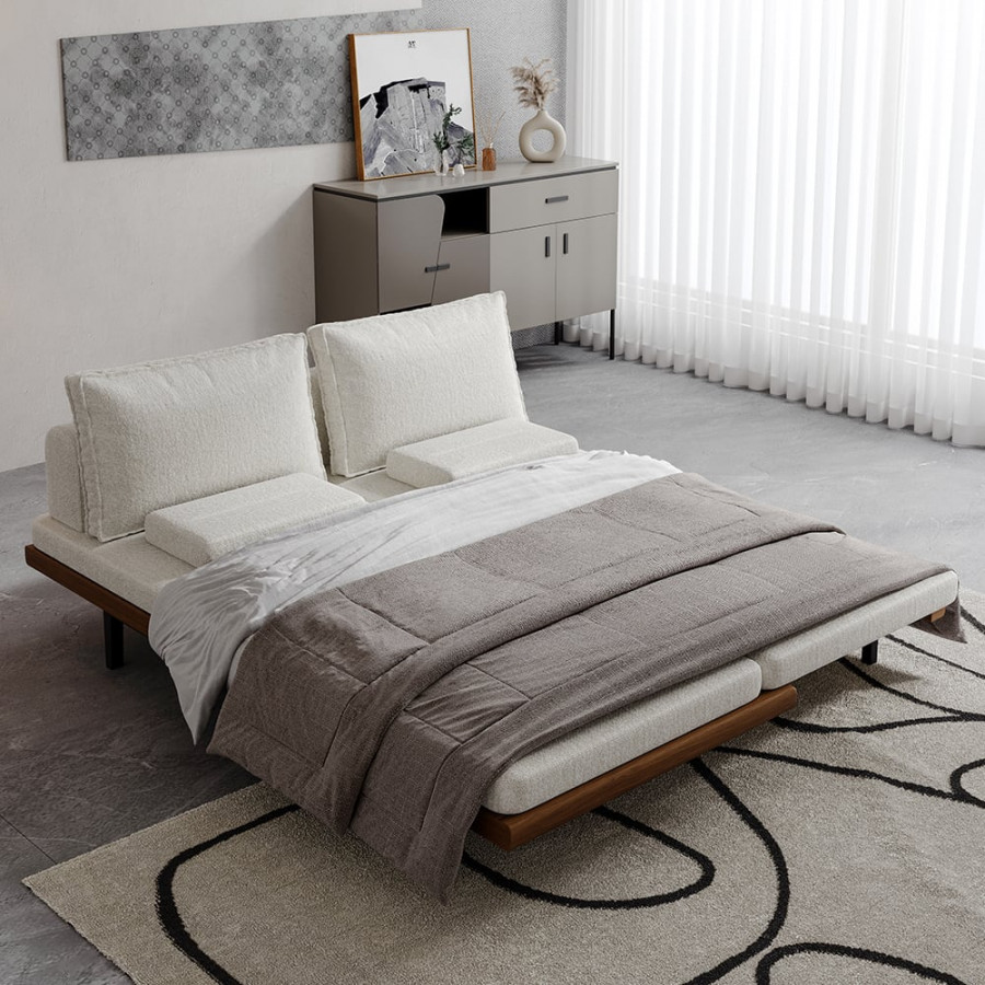 HMR - 79" Queen 3-Seater Linen Convertible Futon Bed with Pillows