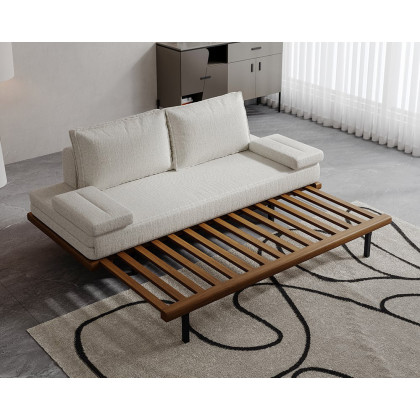 HMR 79" Queen 3-Seater Linen Convertible Futon Bed with Pillows - White