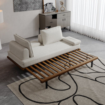 HMR 79" Queen 3-Seater Linen Convertible Futon Bed with Pillows - White