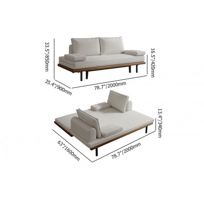 HMR 79" Queen 3-Seater Linen Convertible Futon Bed with Pillows - White