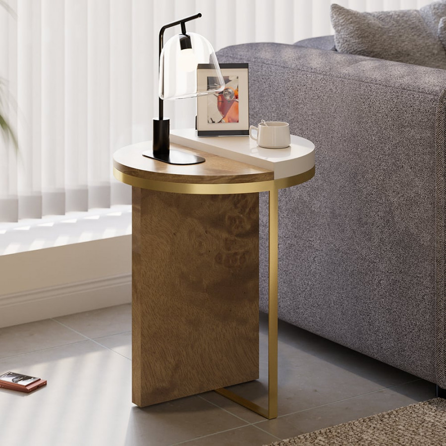 HMR - White Round Side Table with Burl Wood Gold Stainless Steel End Table