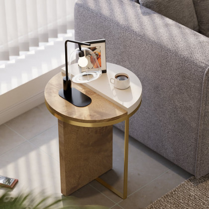 HMR - White Round Side Table with Burl Wood Gold Stainless Steel End Table