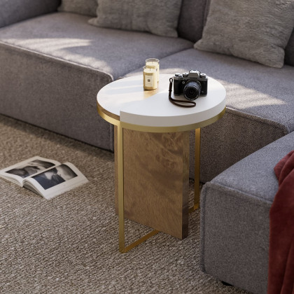 HMR - White Round Side Table with Burl Wood Gold Stainless Steel End Table