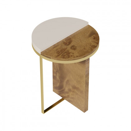 HMR - White Round Side Table with Burl Wood Gold Stainless Steel End Table