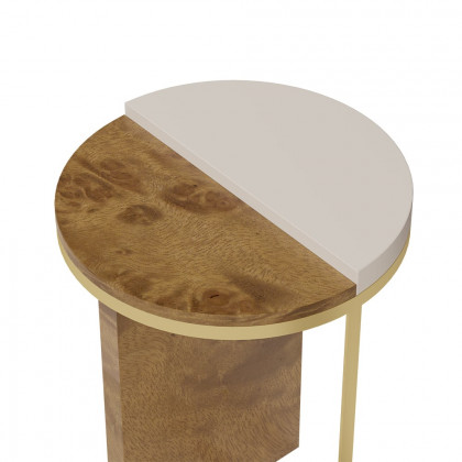 HMR - White Round Side Table with Burl Wood Gold Stainless Steel End Table