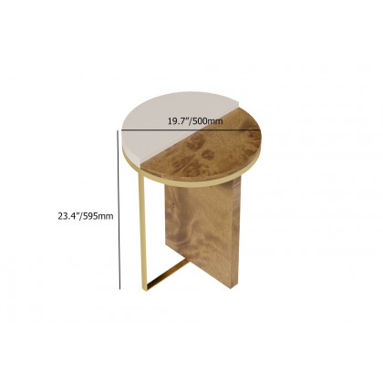 HMR - White Round Side Table with Burl Wood Gold Stainless Steel End Table