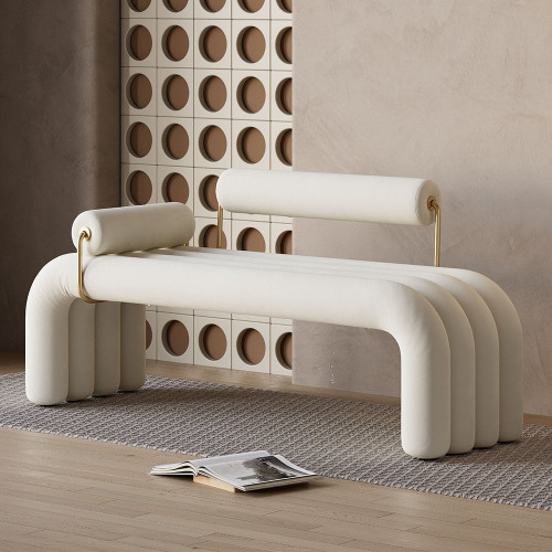 HMR Modern Line Tufted Bench Velvet Upholstered Entryway Bench in Gold Finish - White