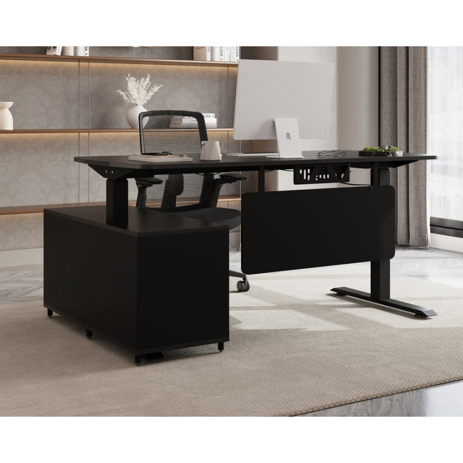 HMR Modern L-Desk Adjustable Electric Standing Desk & Office Chair Set - Black, Right Hand