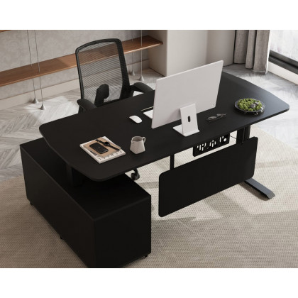 HMR Modern L-Desk Adjustable Electric Standing Desk & Office Chair Set - Black, Right Hand