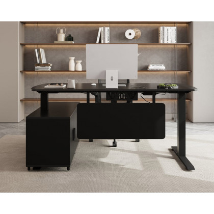 HMR Modern L-Desk Adjustable Electric Standing Desk & Office Chair Set - Black, Right Hand