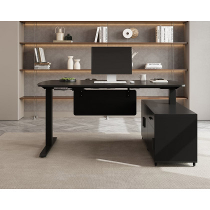 HMR Modern L-Desk Adjustable Electric Standing Desk & Office Chair Set - Black, Right Hand