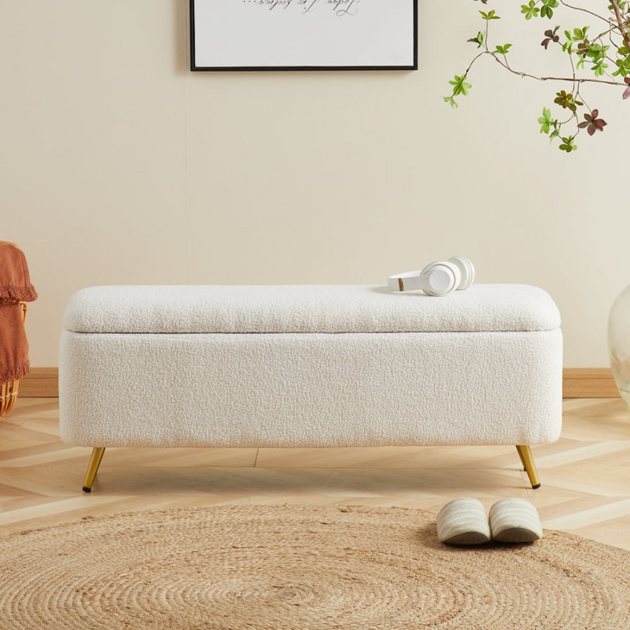 HMR - Modern Bedroom Boucle White Bench Upholstered Ottoman with Storage & Gold Legs