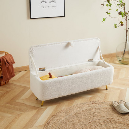 HMR - Modern Bedroom Boucle White Bench Upholstered Ottoman with Storage & Gold Legs