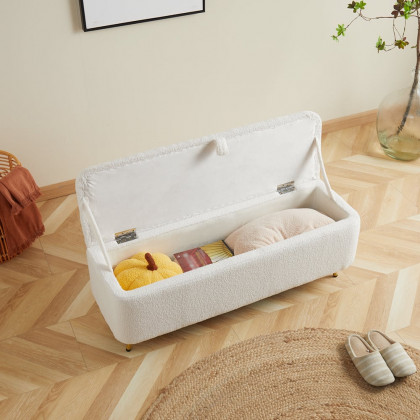 HMR - Modern Bedroom Boucle White Bench Upholstered Ottoman with Storage & Gold Legs