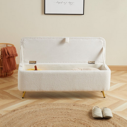 HMR - Modern Bedroom Boucle White Bench Upholstered Ottoman with Storage & Gold Legs