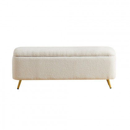 HMR - Modern Bedroom Boucle White Bench Upholstered Ottoman with Storage & Gold Legs