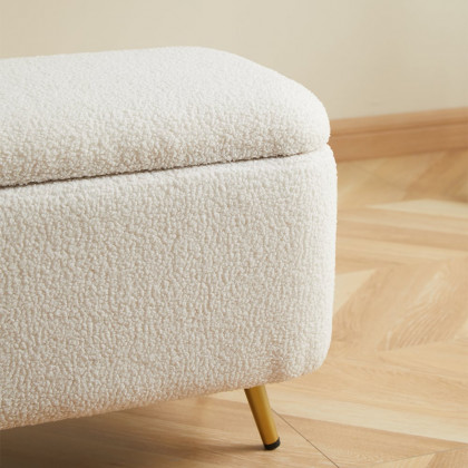 HMR - Modern Bedroom Boucle White Bench Upholstered Ottoman with Storage & Gold Legs