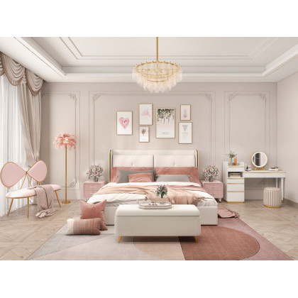 HMR - Modern Bedroom Boucle White Bench Upholstered Ottoman with Storage & Gold Legs